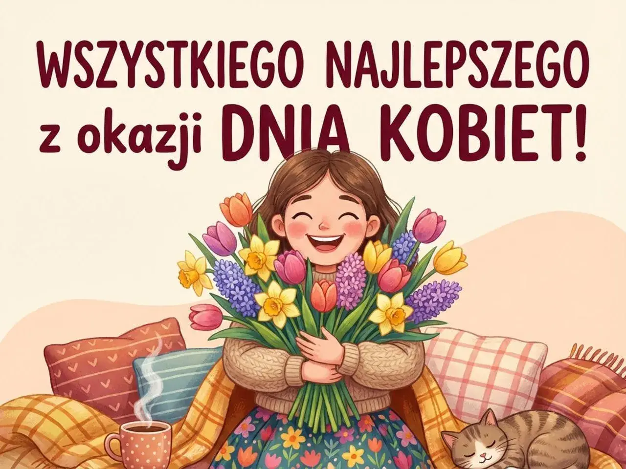 Wesołe życzenia na Dzień Kobiet dla koleżanki! Uśmiechnięta dziewczyna z bukietem wiosennych kwiatów, kotek i kubek gorącej czekolady.