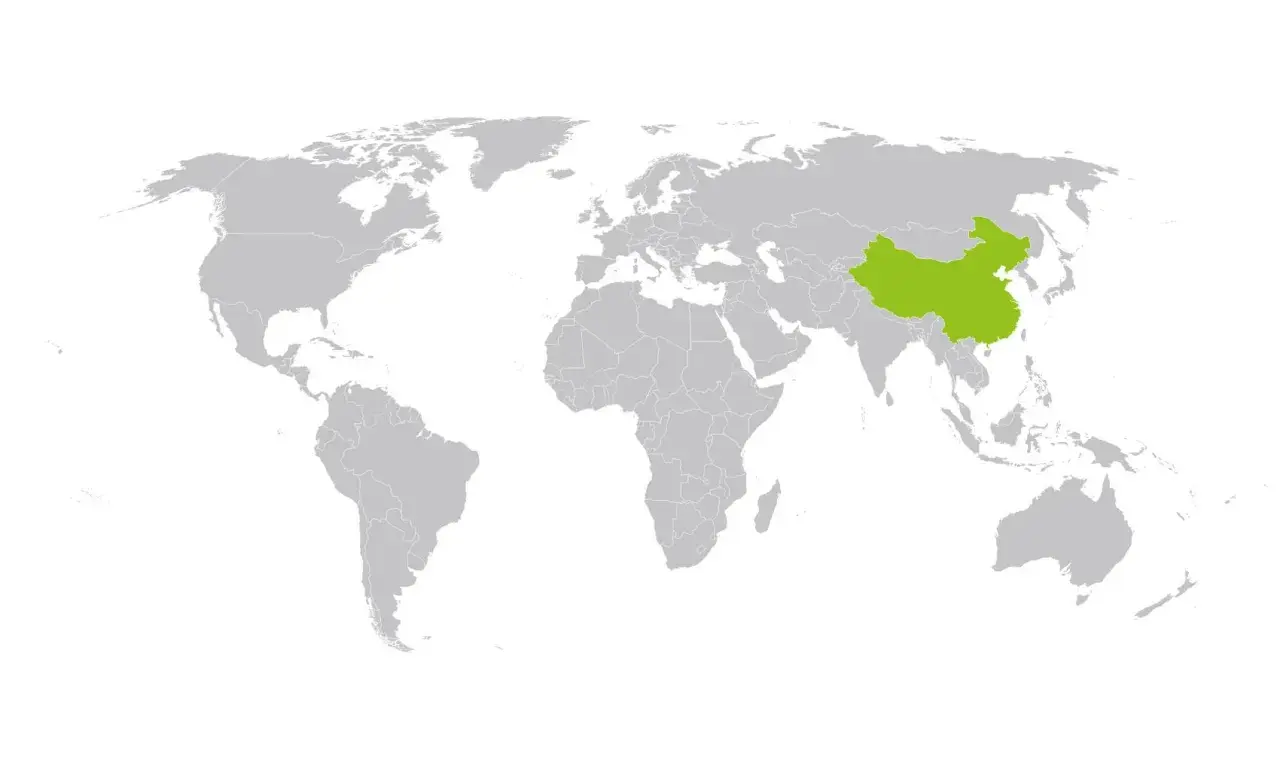 Mapa świata z zaznaczonym na zielono krajem. To Chiny, cel Twojej paczki do Chin.