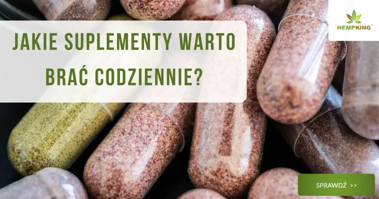 Zbliżenie na kapsułki z suplementami. Tekst: "Jakie suplementy warto brać codziennie?". Logo HempKing.