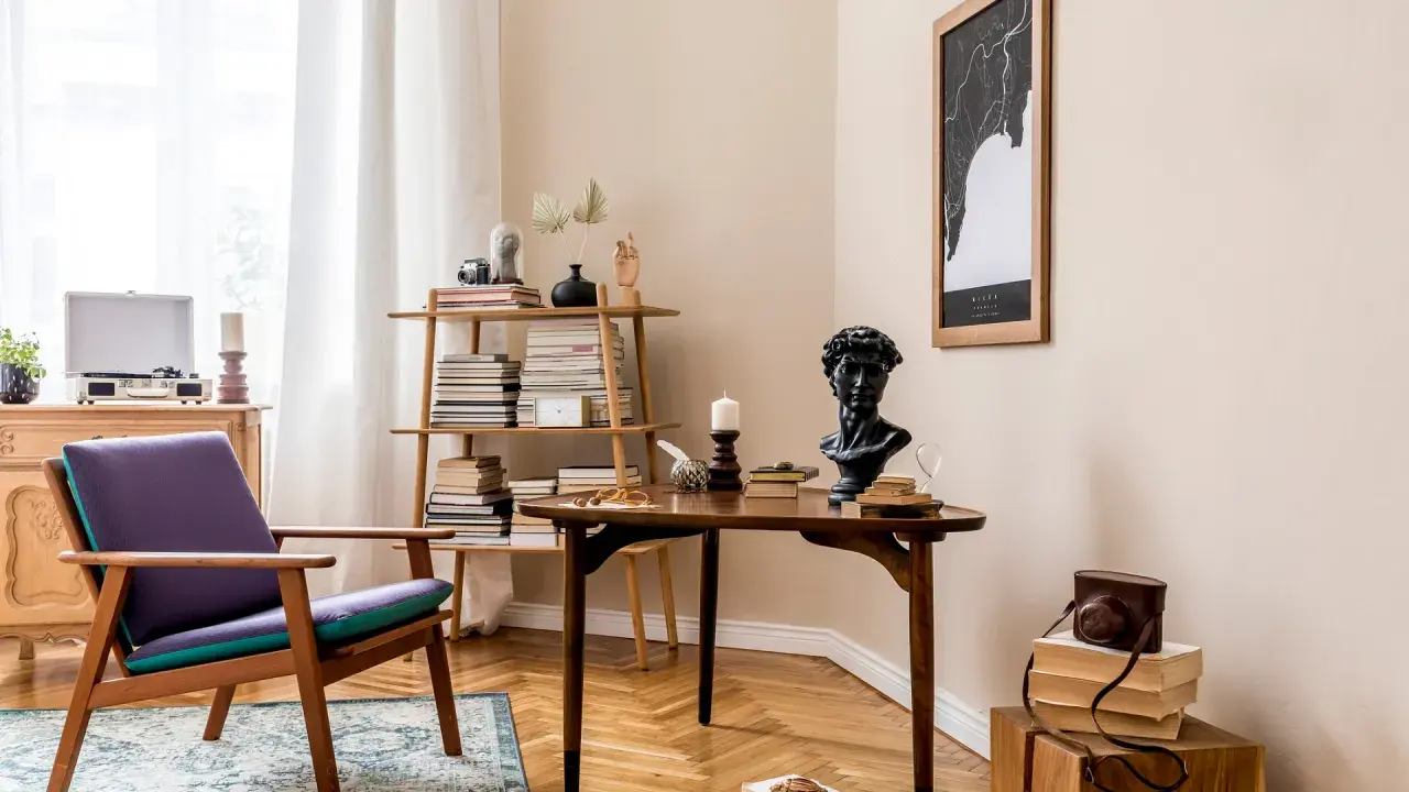 Stylowe wnętrza retro: fioletowy fotel, drewniany stolik z popiersiem i książkami, regał pełen literatury, gramofon i mapa na ścianie.