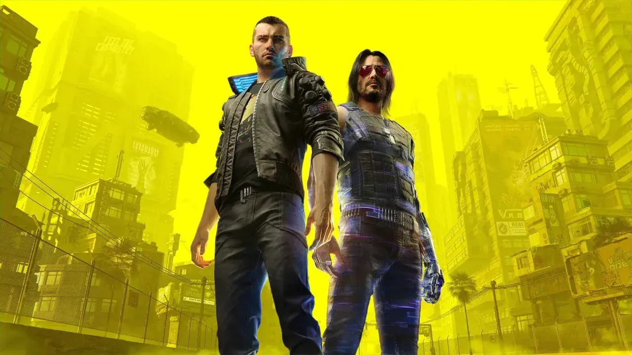 Dwóch bohaterów Cyberpunk 2077 na tle żółtego miasta. Johnny Silverhand i V gotowi na zdobycie wszystkich cyberpunk 2077 trofea.