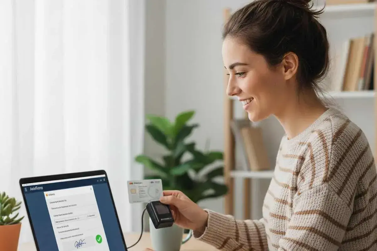 Mujer sonríe mientras usa su tarjeta de identificación para firmar PDFs en su laptop.