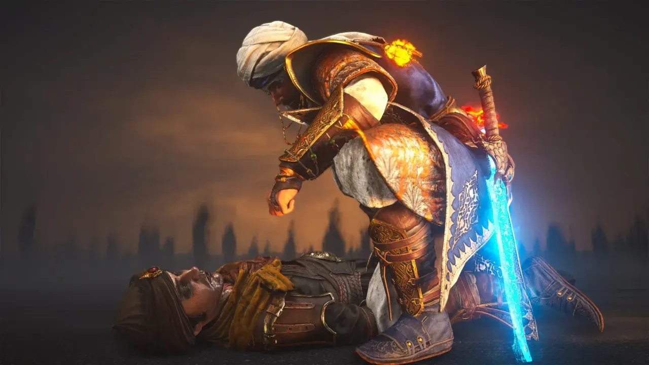 Postać z Assassin's Creed Mirage pochyla się nad pokonanym przeciwnikiem, jego miecz świeci na niebiesko.