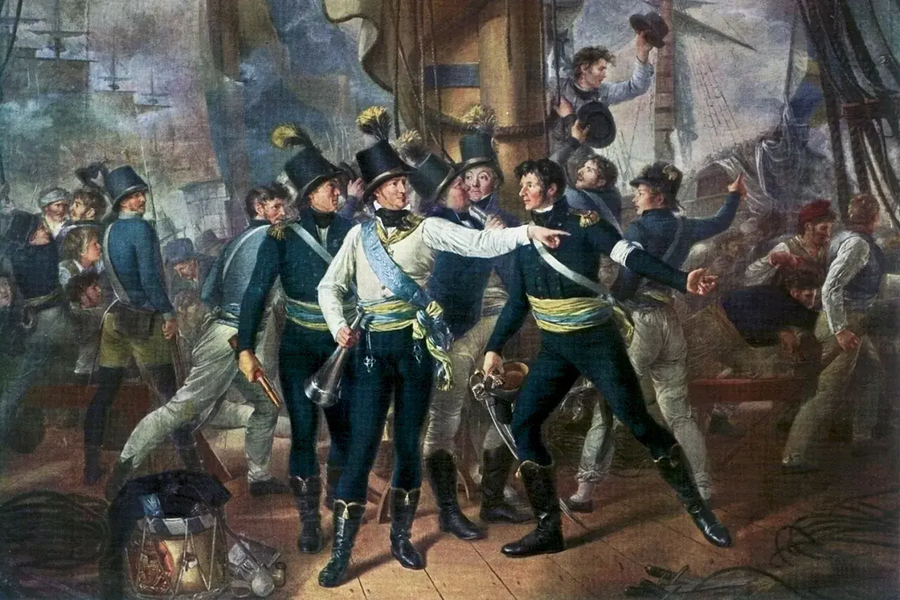 Militärer i uniform på ett skepp, en pekar. Kanske en scen med Karl XIII.