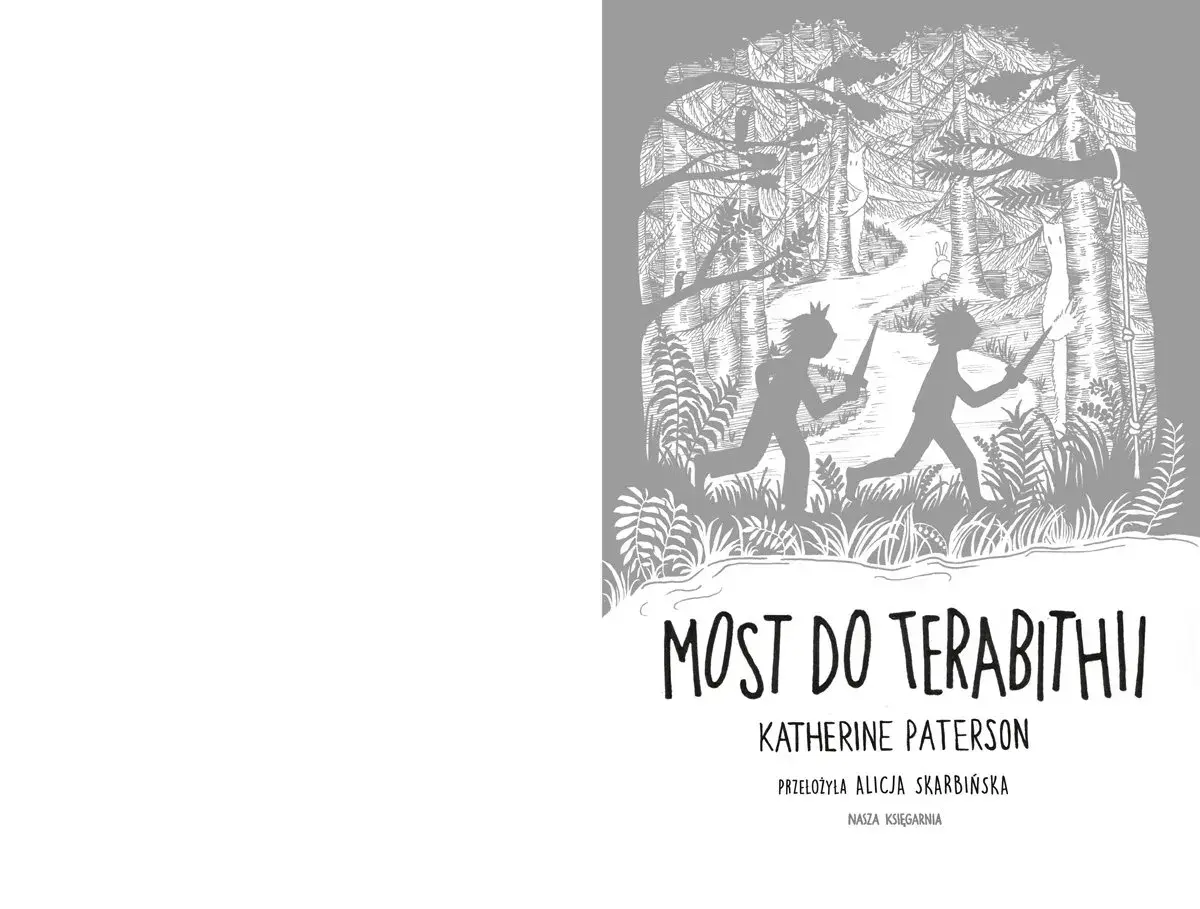 Ilustracja do recenzji książki "Most do Terabithii": dwoje dzieci biegnie przez las, tworząc własne magiczne królestwo.