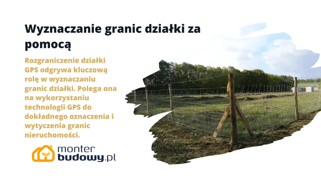 Precyzyjne wytyczenie granic działki za pomocą technologii GPS. Płot na tle zieleni i nieba.