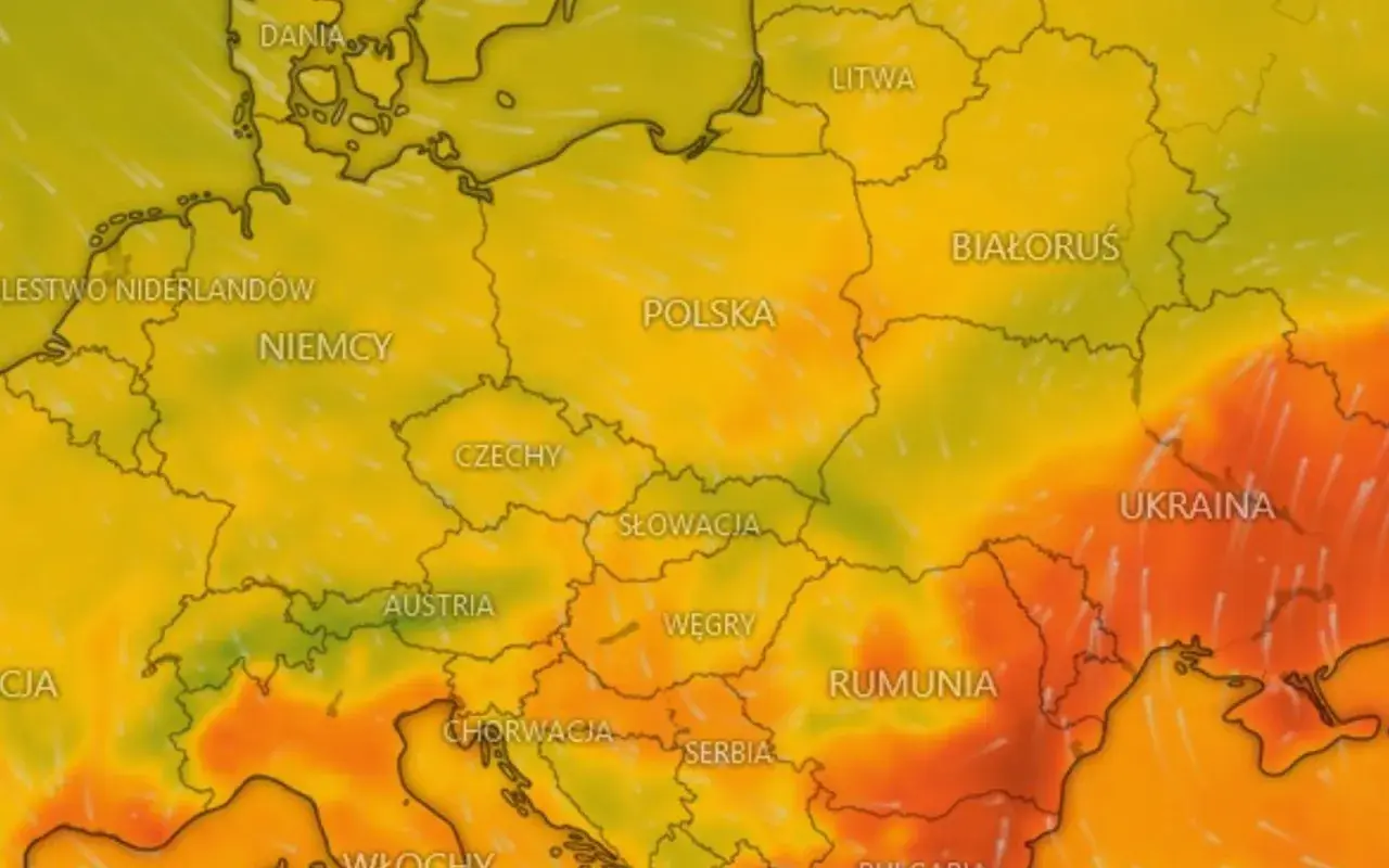Mapa Europy z zaznaczonymi krajami. Ciepła pogoda we wrześniu, z temperaturami od zielonych do pomarańczowych.