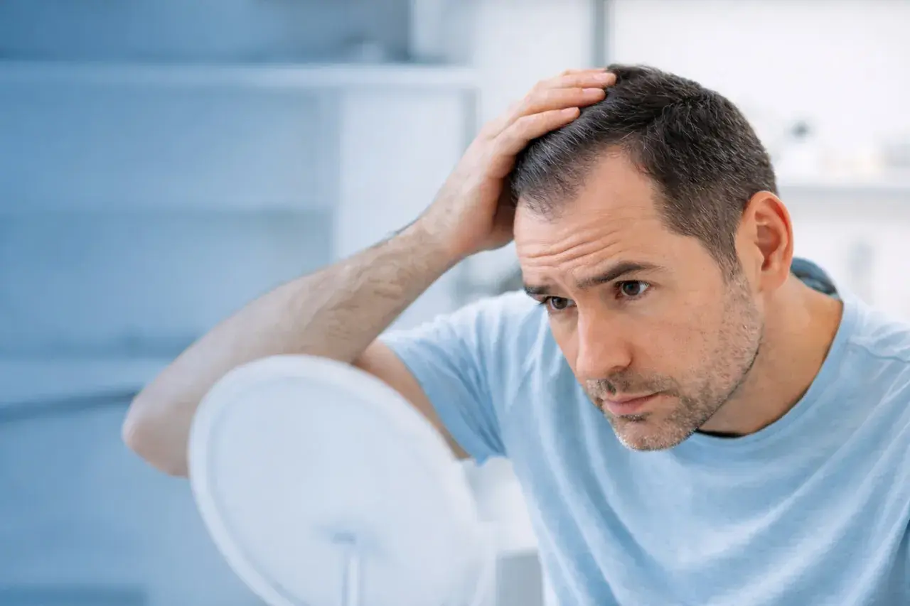 Hombre preocupado se toca la cabeza, observando las entradas en el pelo en el espejo.