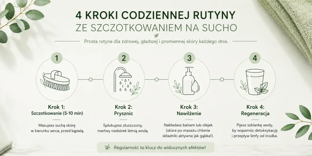 4 kroki do gładkiej skóry: szczotkowanie na sucho przed kąpielą, prysznic, nawilżenie i regeneracja.