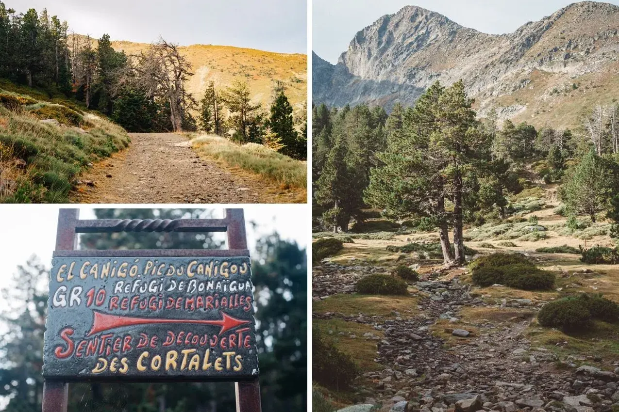 Sentier de découverte vers le pic du Canigou, idéal pour une randonnée d'un jour. Paysages de montagne et signalisation GR10.