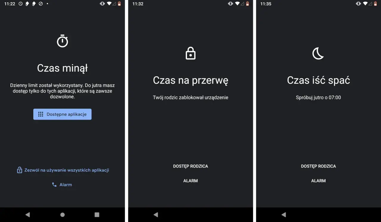 Family Link nie blokuje telefonu dziecka, ale zarządza czasem. Ekran pokazuje limity: "Czas minął", "Czas na przerwę" i "Czas iść spać".