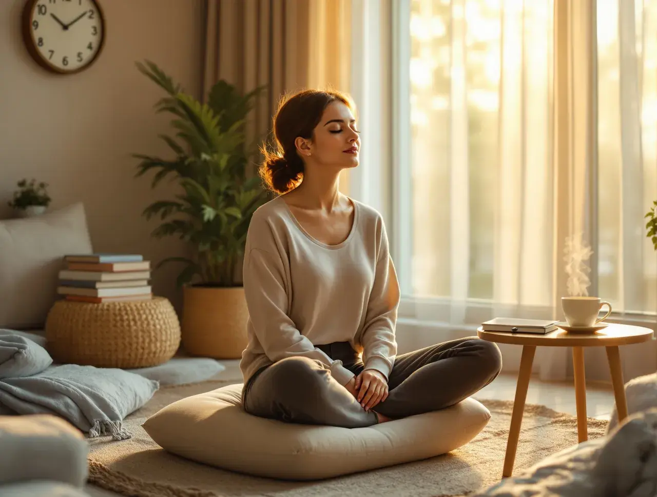 Kobieta medytuje w pokoju, czując spokój. To właśnie mindfulness – świadome bycie tu i teraz.