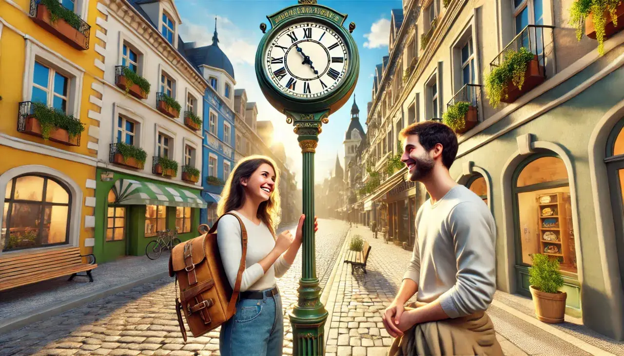 Coppia sorridente sotto un orologio stradale. Lei chiede: "come si dice ore in inglese?".