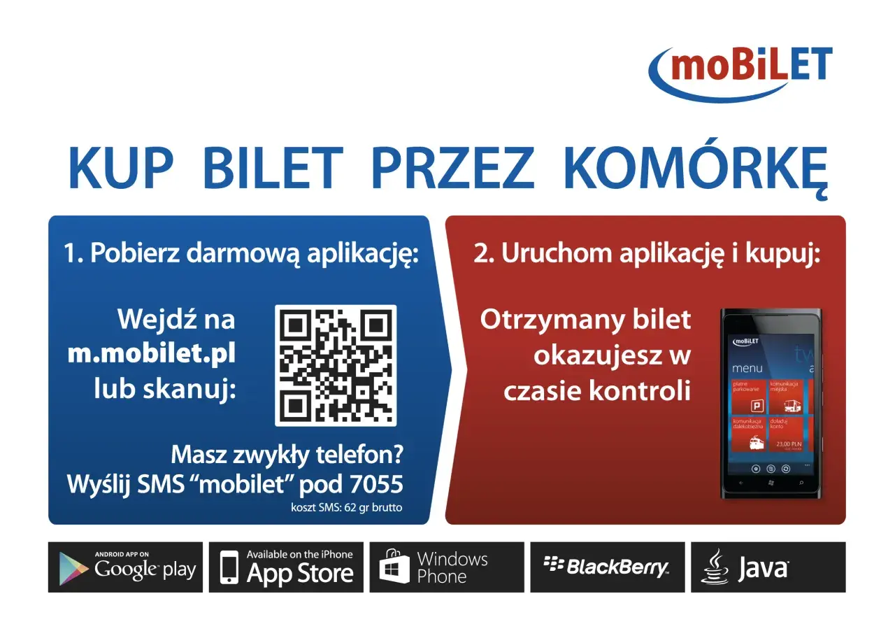 Kup bilet przez komórkę z aplikacją moBiLET. Pobierz ją lub wyślij SMS.