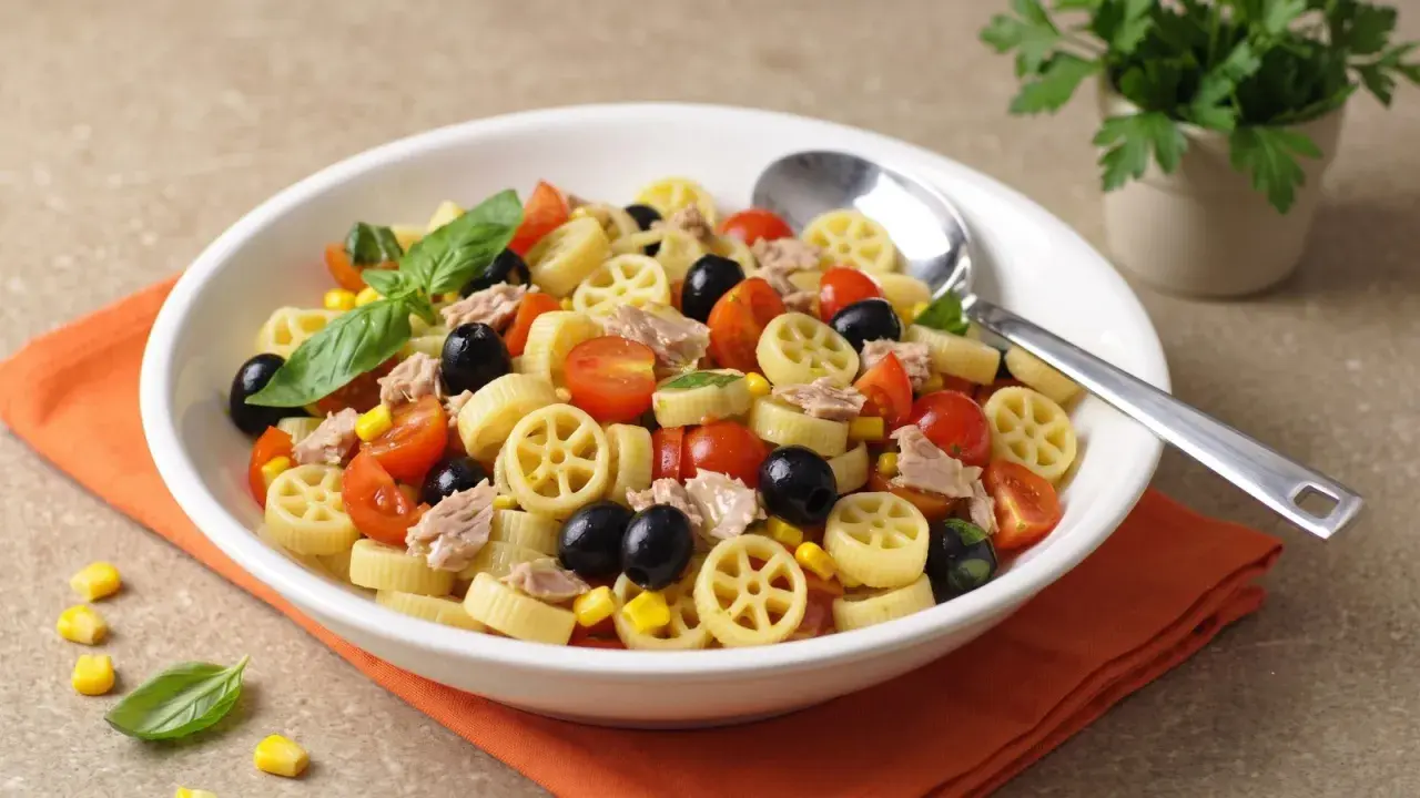 Un piatto invitante di pasta fredda tonno, con pomodorini, olive nere e mais. Perfetta per un pasto estivo.