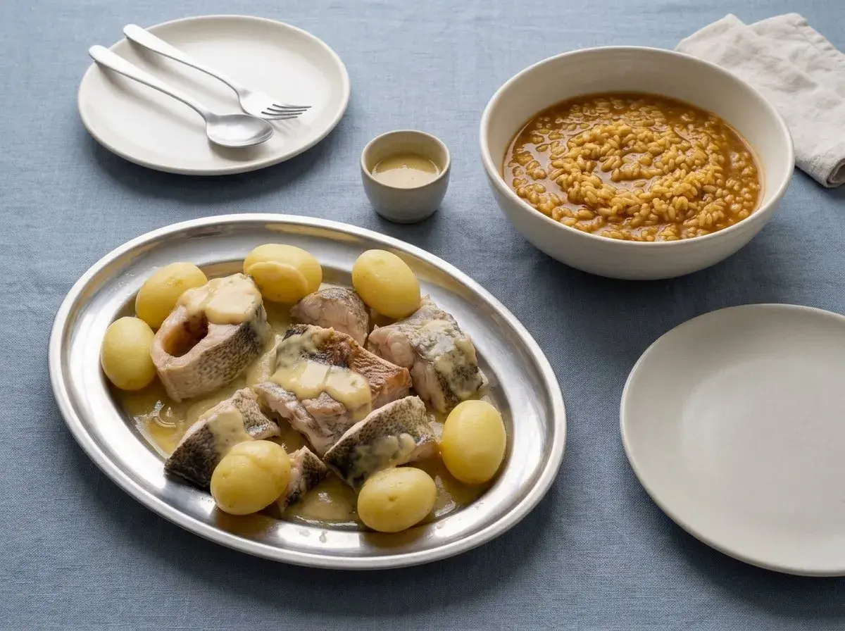 Bullit de peix servido en una bandeja de plata con patatas y una salsa cremosa, acompañado de un cuenco de arroz y un plato vacío.