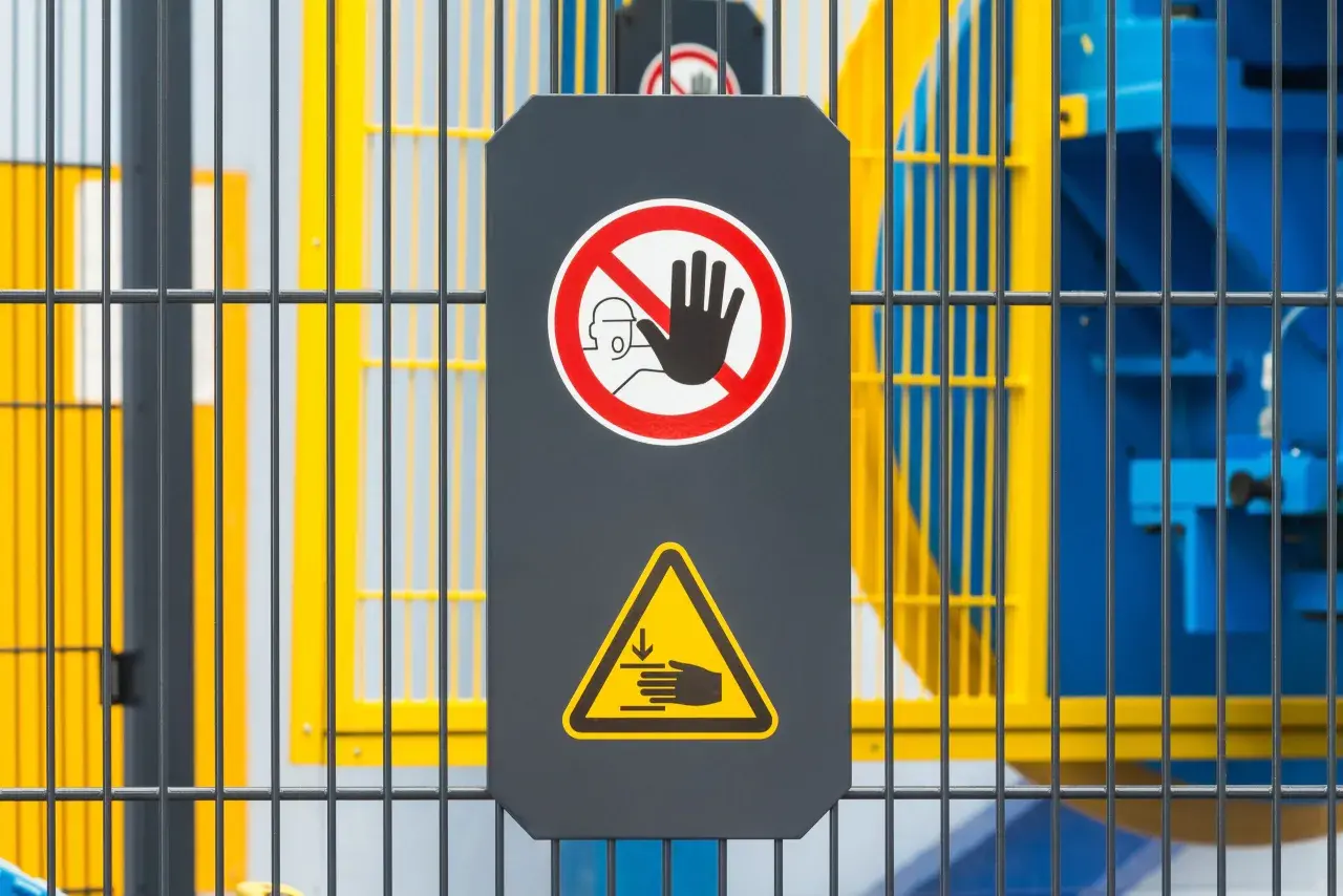 Tablica ostrzegawcza z zakazem zbliżania się i symbolem zgniecenia dłoni. Informuje o ryzyku rezydualnym przy obsłudze maszyny.