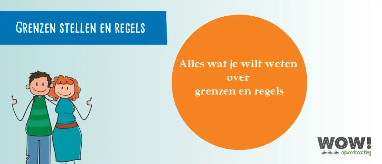 Twee getekende personen, een man en een vrouw, staan naast elkaar. De tekst "Grenzen stellen en regels" en "Alles wat je wilt weten over grenzen en regels" suggereert dat dit gaat over het creëren van structuur, wat soms kan leiden tot geen warme famil...