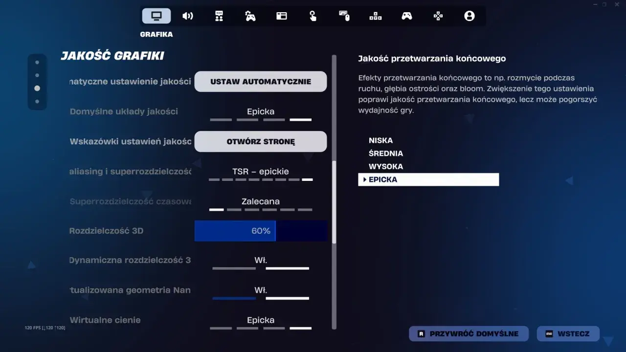 Ustawienia grafiki Fortnite: jakość przetwarzania końcowego na "Epicka" dla najlepszych efektów wizualnych.