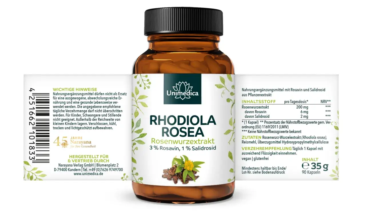 Rhodiola Rosea Kapseln: Unterstützung für das Wohlbefinden, kann die Hormonbalance positiv beeinflussen. 200mg Rosenwurzextrakt pro Kapsel.