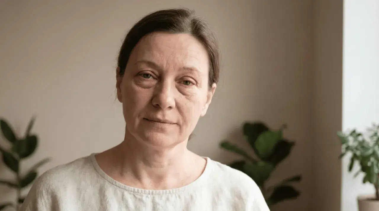 Frau mit leicht geschwollenem Augenlid, fragt sich: geschwollenes Augenlid wann zum Arzt? Sie blickt nachdenklich in die Kamera.