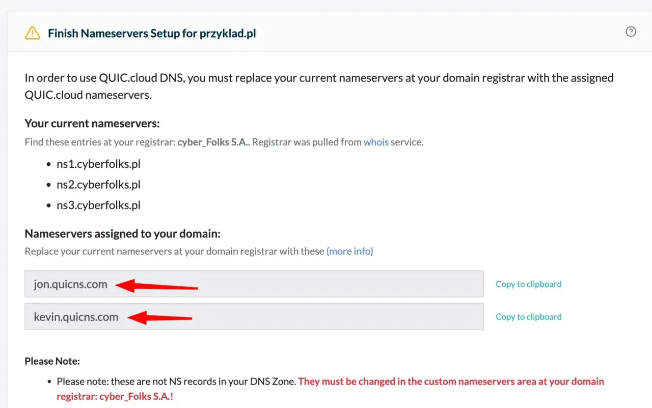 Konfiguracja QUIC.cloud DNS dla domeny przyklad.pl. Zmień obecne serwery nazw na jon.quicns.com i kevin.quicns.com.
