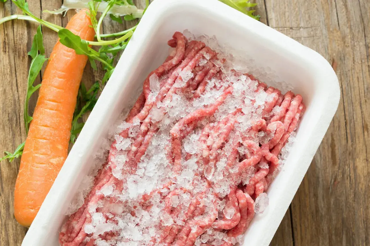 Gefrorenes Hackfleisch mit Eiswürfeln in einer Schale, daneben eine Karotte und Rucola. Die Frage "wie lange braucht Hackfleisch zum auftauen" wird hier visuell angedeutet.
