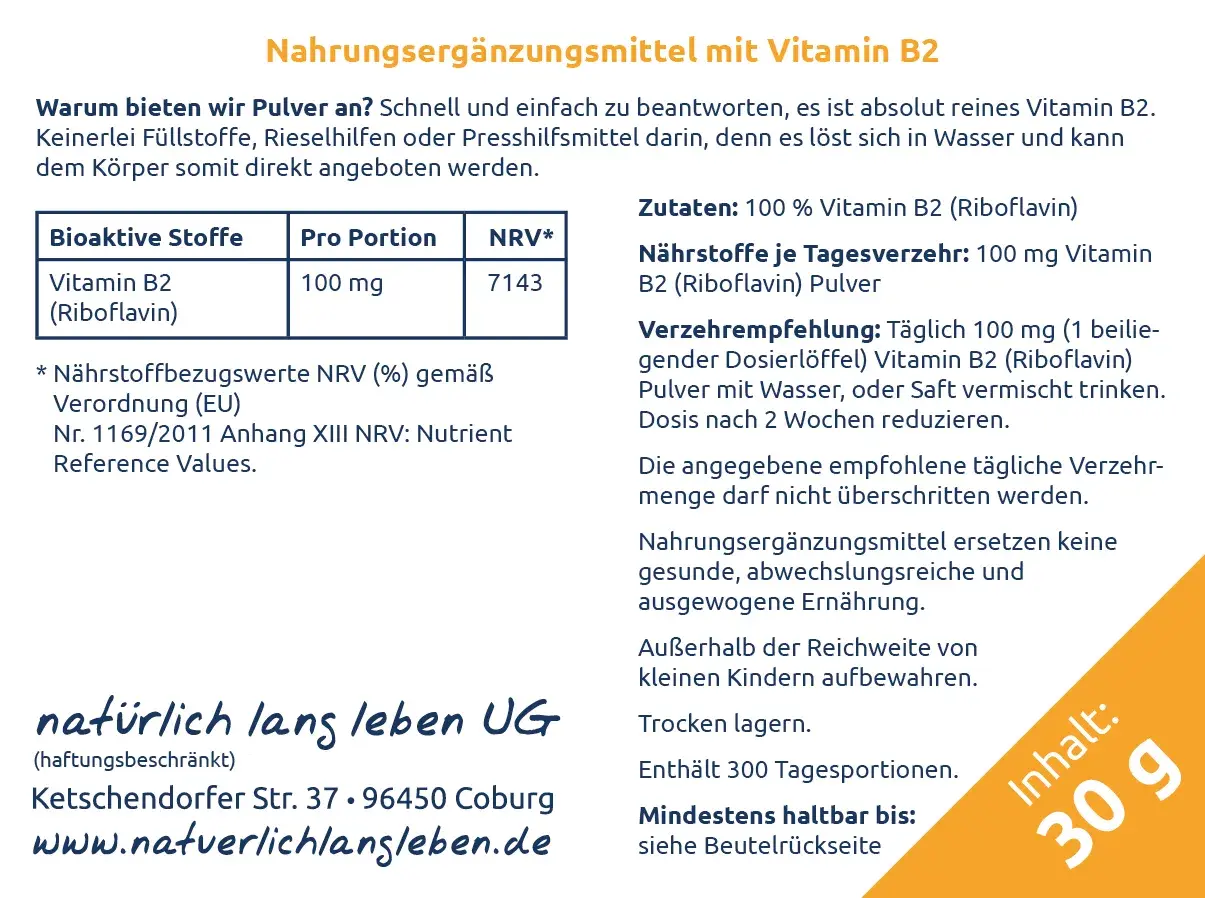 Reines Vitamin B2 (Riboflavin) Pulver, 100 mg pro Portion. Die Riboflavin wirkung unterstützt den Körper, löst sich gut in Wasser. 30g Inhalt.