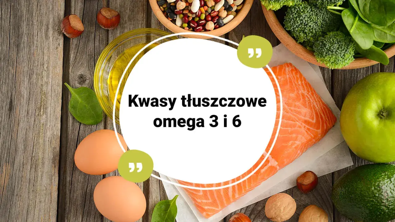 Zdrowa żywność bogata w kwasy tłuszczowe omega-3 i omega-6: łosoś, jajka, orzechy, awokado, jabłko, brokuły, szpinak, fasola i olej.