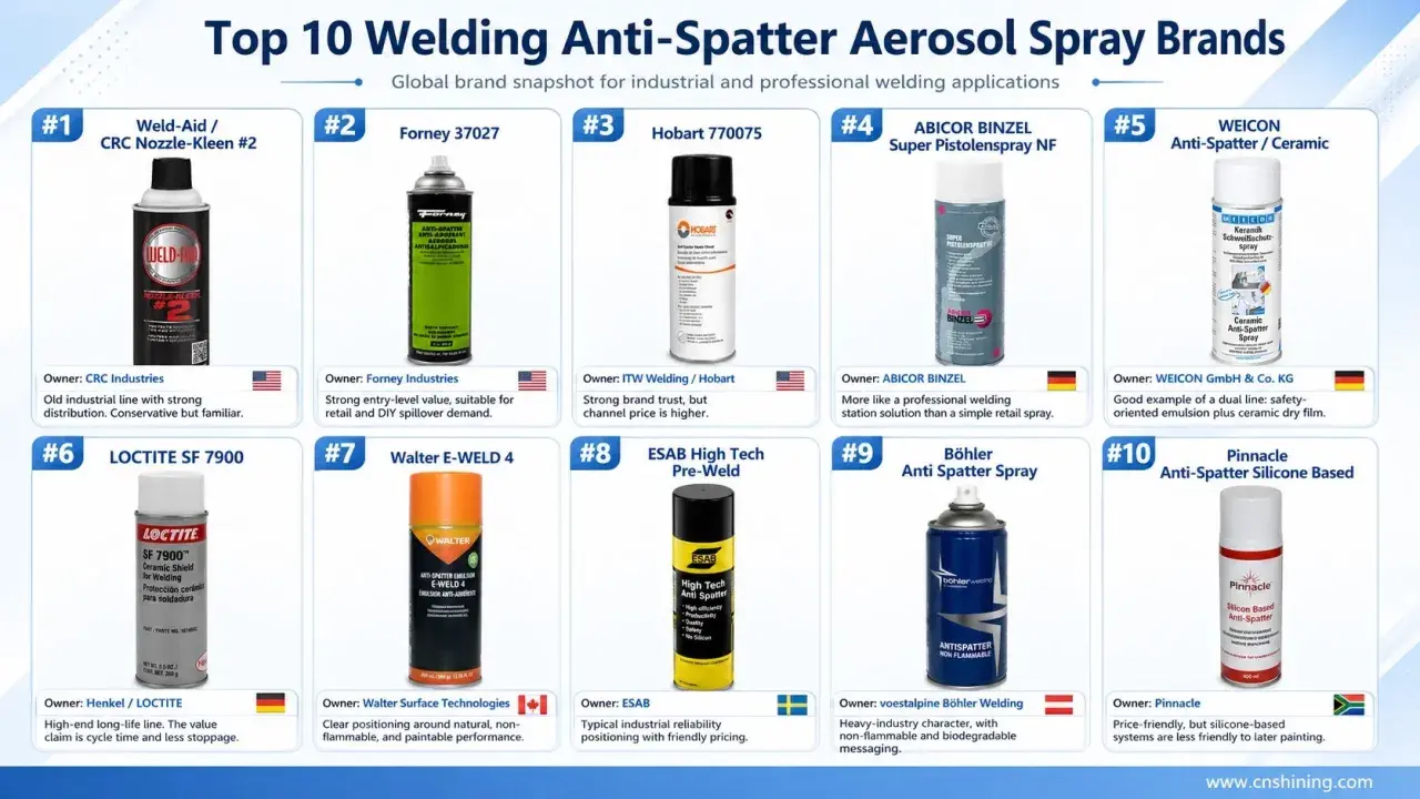Top 10 preparatów antyodpryskowych w sprayu. Wśród nich Forney 37027, WEICON Anti-Spatter/Ceramic i Böhler Anti Spatter Spray.