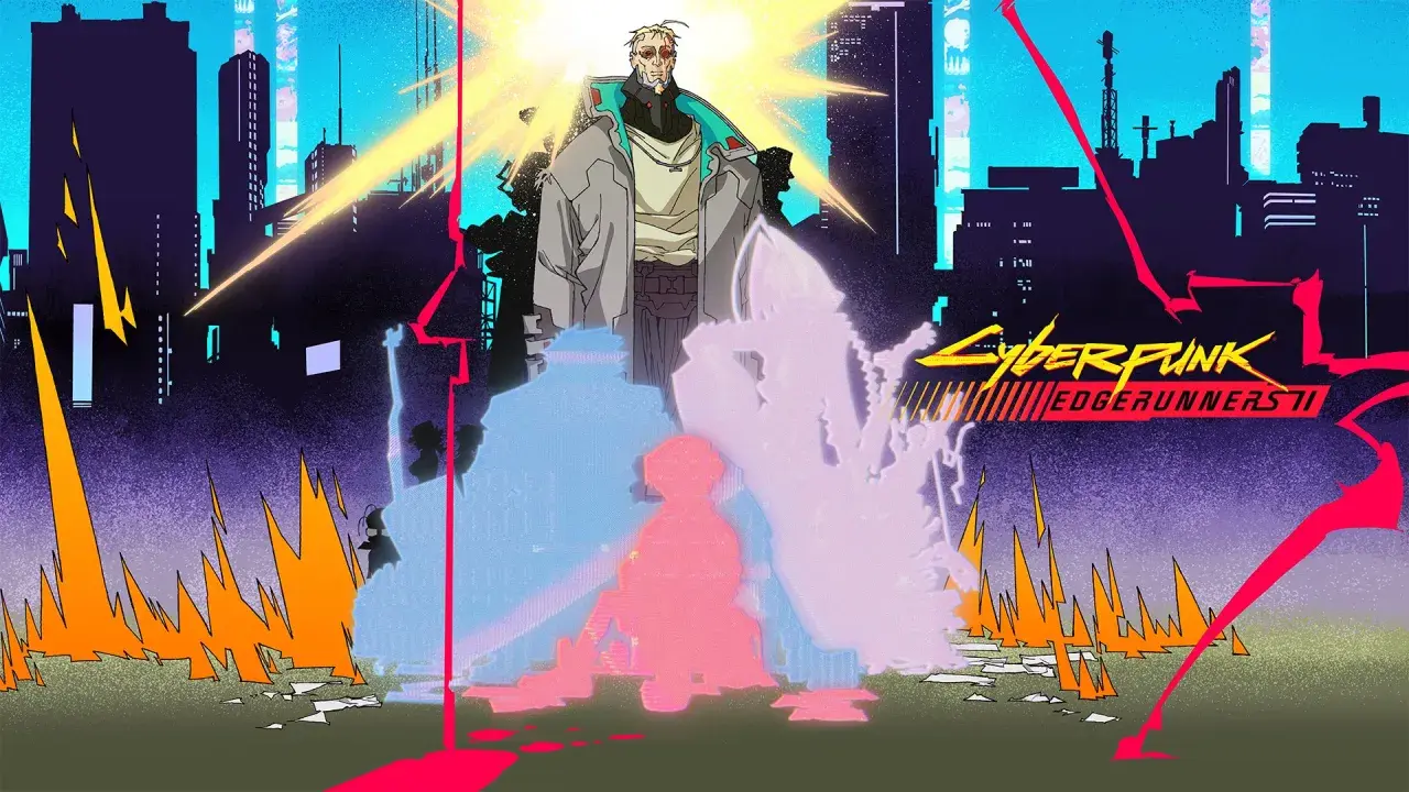 Postapokaliptyczna wizja miasta z **Cyberpunk Edgerunners 2**. Postacie w neonowych barwach, płomienie i sylwetki budynków.