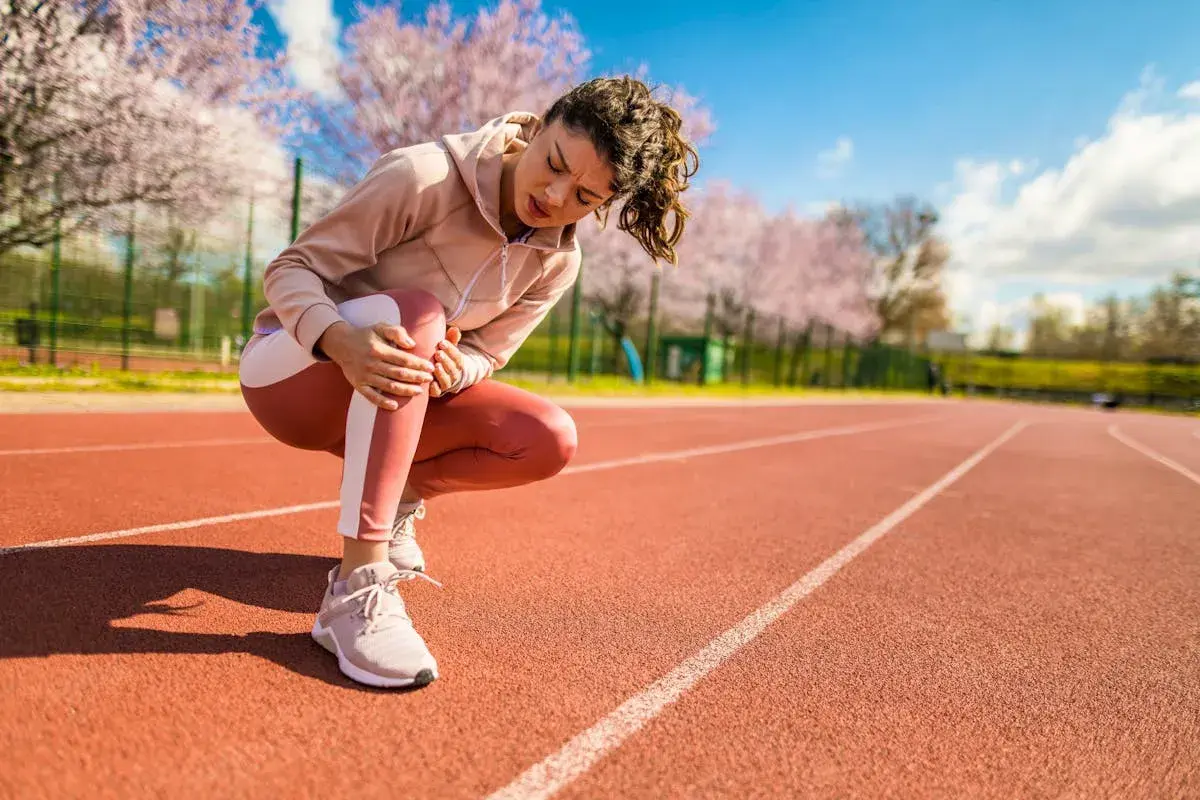 Frau mit Kniearthrose hält ihr schmerzendes Knie auf einer Laufbahn.