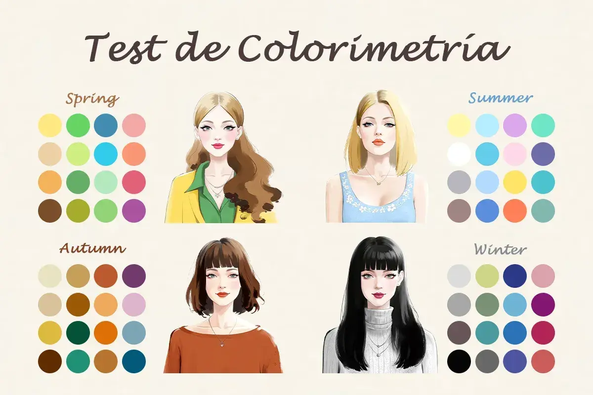 Test de colorimetría: cuatro mujeres con paletas de colores asociadas a primavera, verano, otoño e invierno.