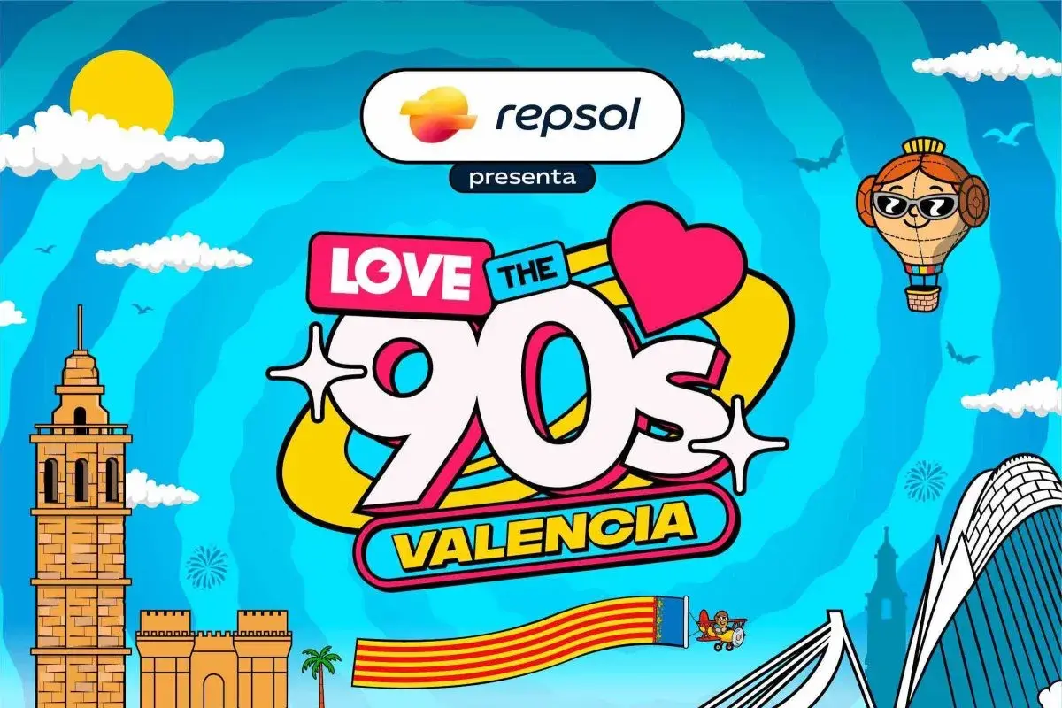 Cartel vibrante de "Love the 90s Valencia" con el logo de Repsol. Incluye siluetas de edificios valencianos, un globo aerostático y una bandera.