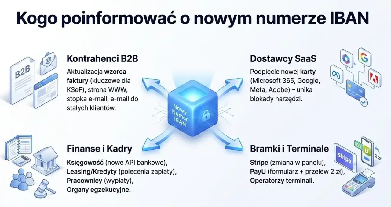 Grafika przedstawia nowy numer IBAN i jego zastosowanie w kontaktach z kontrahentami B2B, dostawcami SaaS, działami finansów i kadr, a także bramkami płatniczymi.