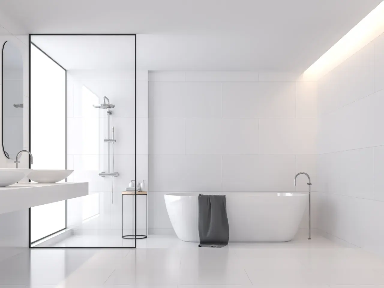 Moderne Badgestaltung mit begehbarer Dusche, freistehender Wanne und minimalistischen Fliesen. Tolle begehbare Dusche Fliesen Ideen für ein stilvolles Bad.