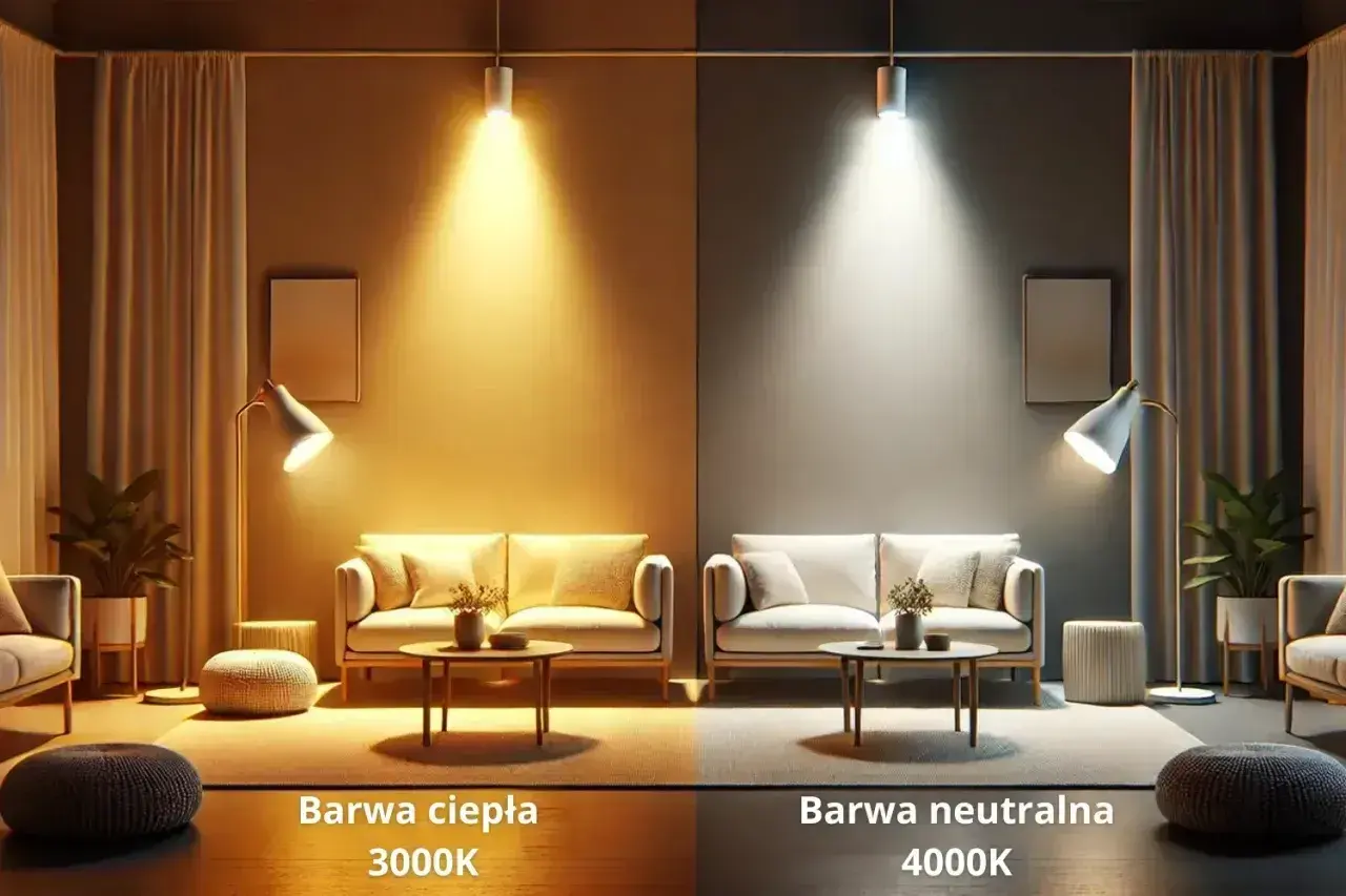 Porównanie oświetlenia: z lewej ciepła barwa 3000K, z prawej neutralna 4000K. Salon wygląda inaczej w zależności od barwy światła.