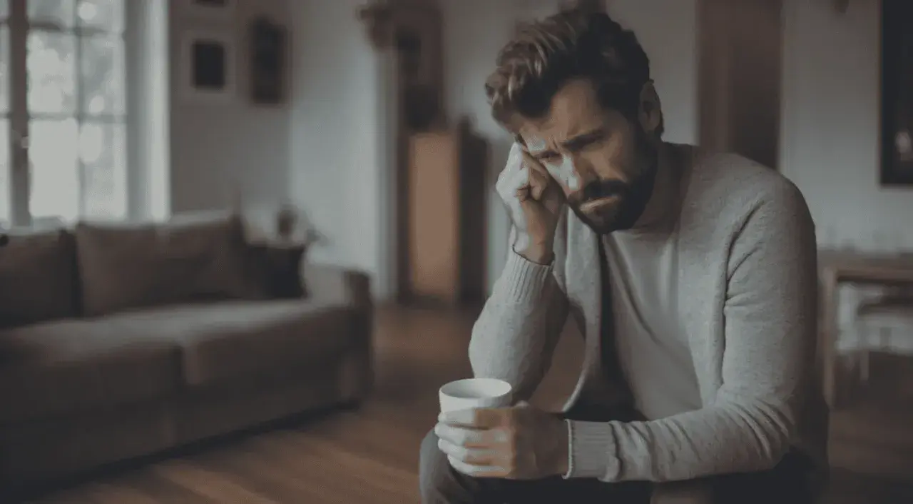 Man med en kopp i handen, med handen mot tinningen, ser nedstämd ut. En känsla av medelsvår depression.