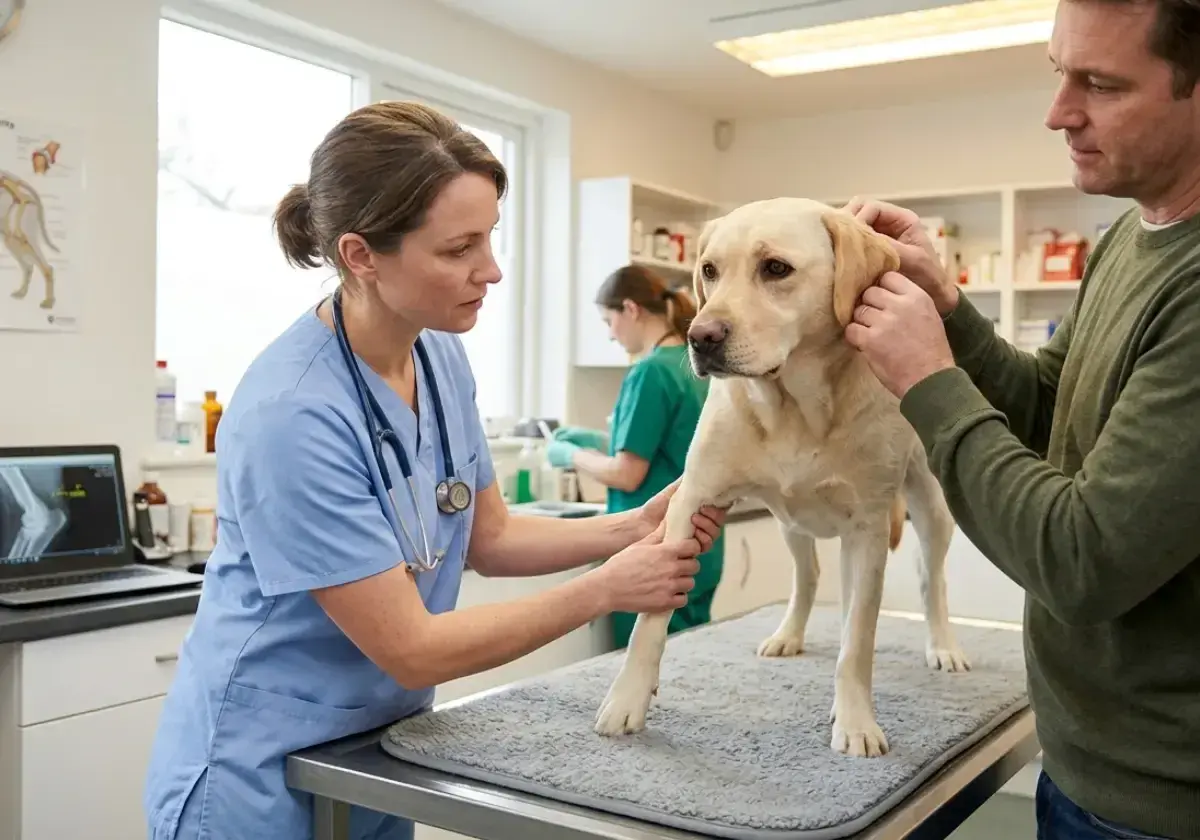 Tierarzt untersucht einen gelben Labrador. Ein Mann hält den Hund, während die Tierärztin sein Bein abtastet.