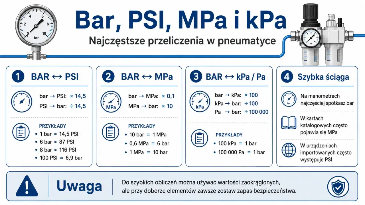Jednostki ciśnienia: bar, PSI, MPa, kPa. Wykres pokazuje przeliczenia i przykłady, np. 1 bar to ok. 14,5 PSI.
