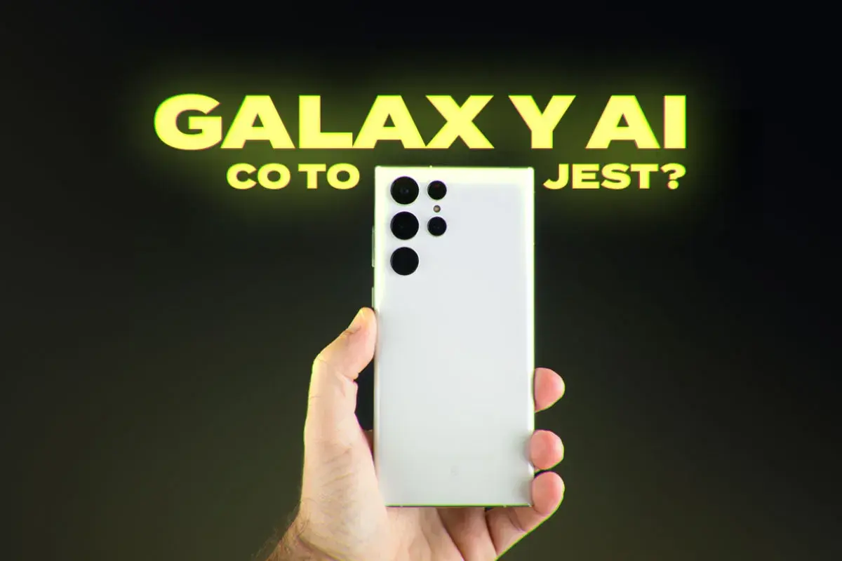 Biały telefon Galaxy z aparatem, nad nim napis "GALAXY AI CO TO JEST?". Dowiedz się, jak włączyć AI w telefonie.