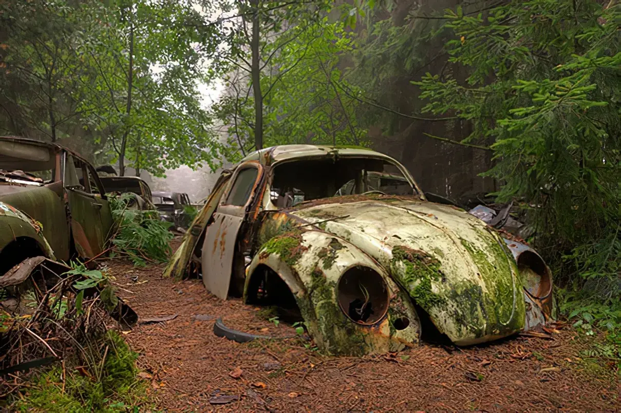 Dans ce cimetière de voiture, une coccinelle rouillée et envahie par la mousse repose au milieu d'une forêt luxuriante.