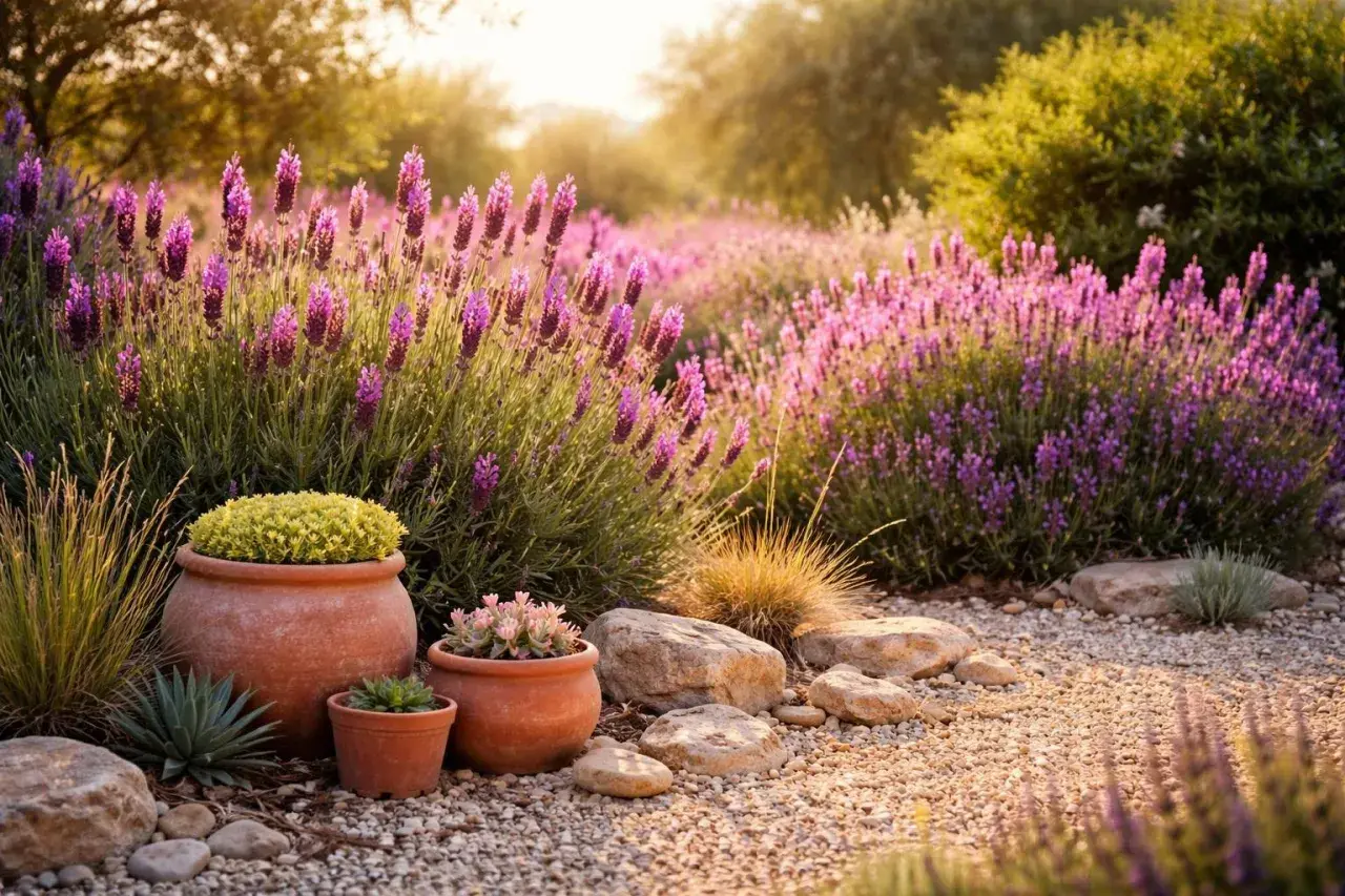 Ein sonniger Garten mit üppigem, **schopflavendel winterhart** in voller Blüte. Terrakotta-Töpfe mit grünen Pflanzen stehen im Vordergrund.