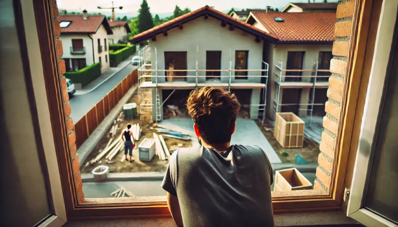 Un homme regarde une maison en construction, son regard pensif suggère qu'il pourrait contester un permis de construire pour perte de vue.