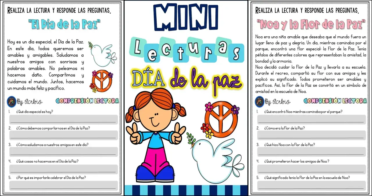 Fichas imprimibles para el Día de la Paz con lecturas y preguntas. Incluyen un texto sobre la importancia de la paz y otro sobre Noa y la Flor de la Paz.