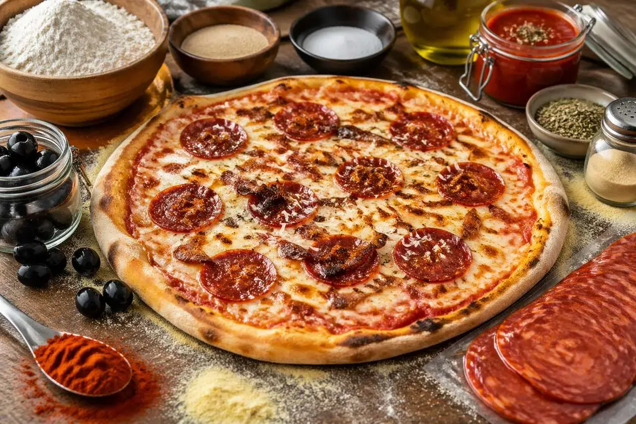 Pizza chorizo appétissante, garnie de rondelles de chorizo croustillantes, entourée d'ingrédients frais : olives, épices, farine et sauce tomate.