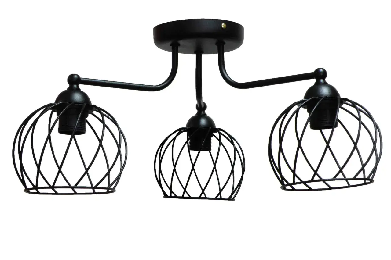 Czarna lampa sufitowa z drucianymi kloszami, idealna do nowoczesnych wnętrz. Dostępna w ofercie artykuły elektroinstalacyjne PHU Olsen.
