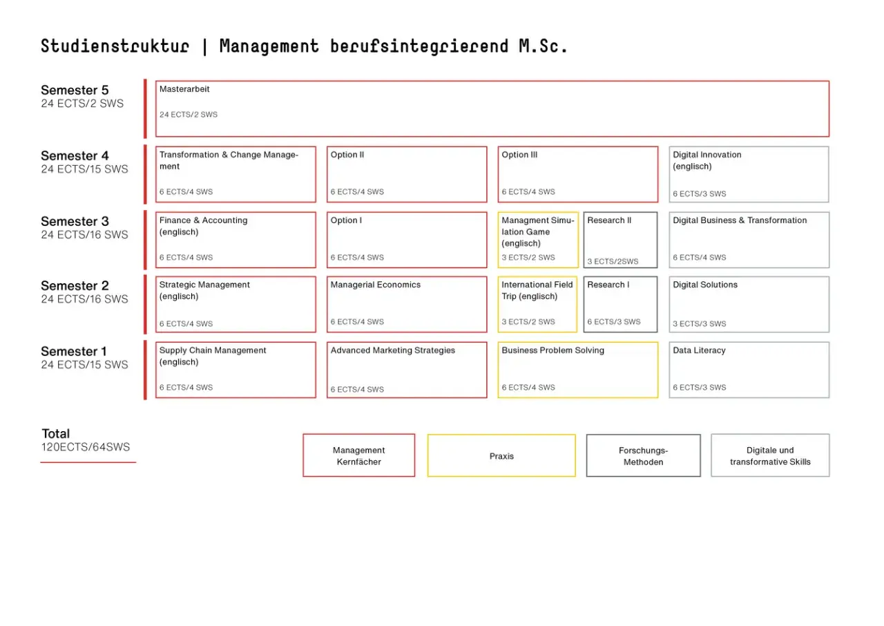 Studienstruktur M.Sc. Management berufsintegrierend: Übersicht über Module,ECTS und SWS für das berufsbegleitende Studium in Mainz.