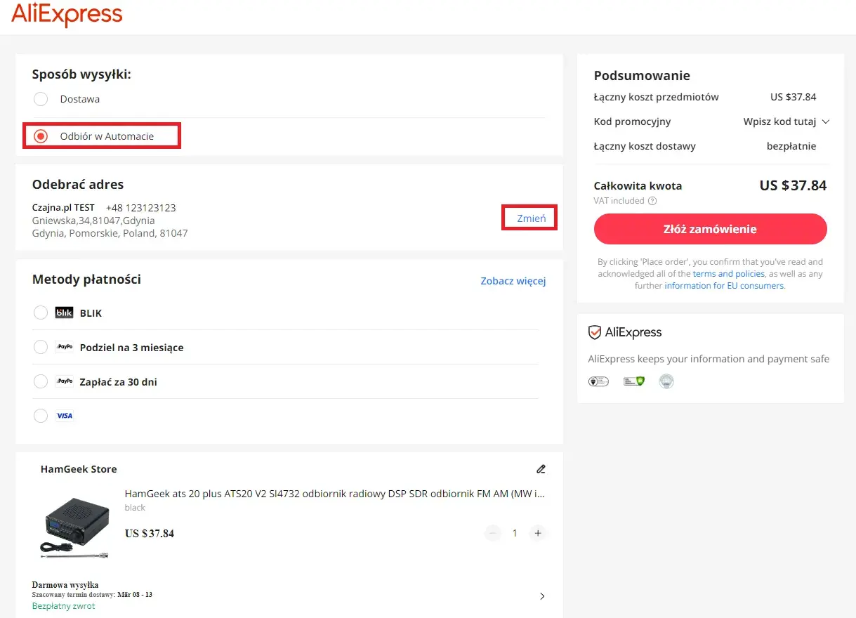 Zamówienie z AliExpress z opcją odbioru w automacie. Wybrano odbiór w paczkomacie.
