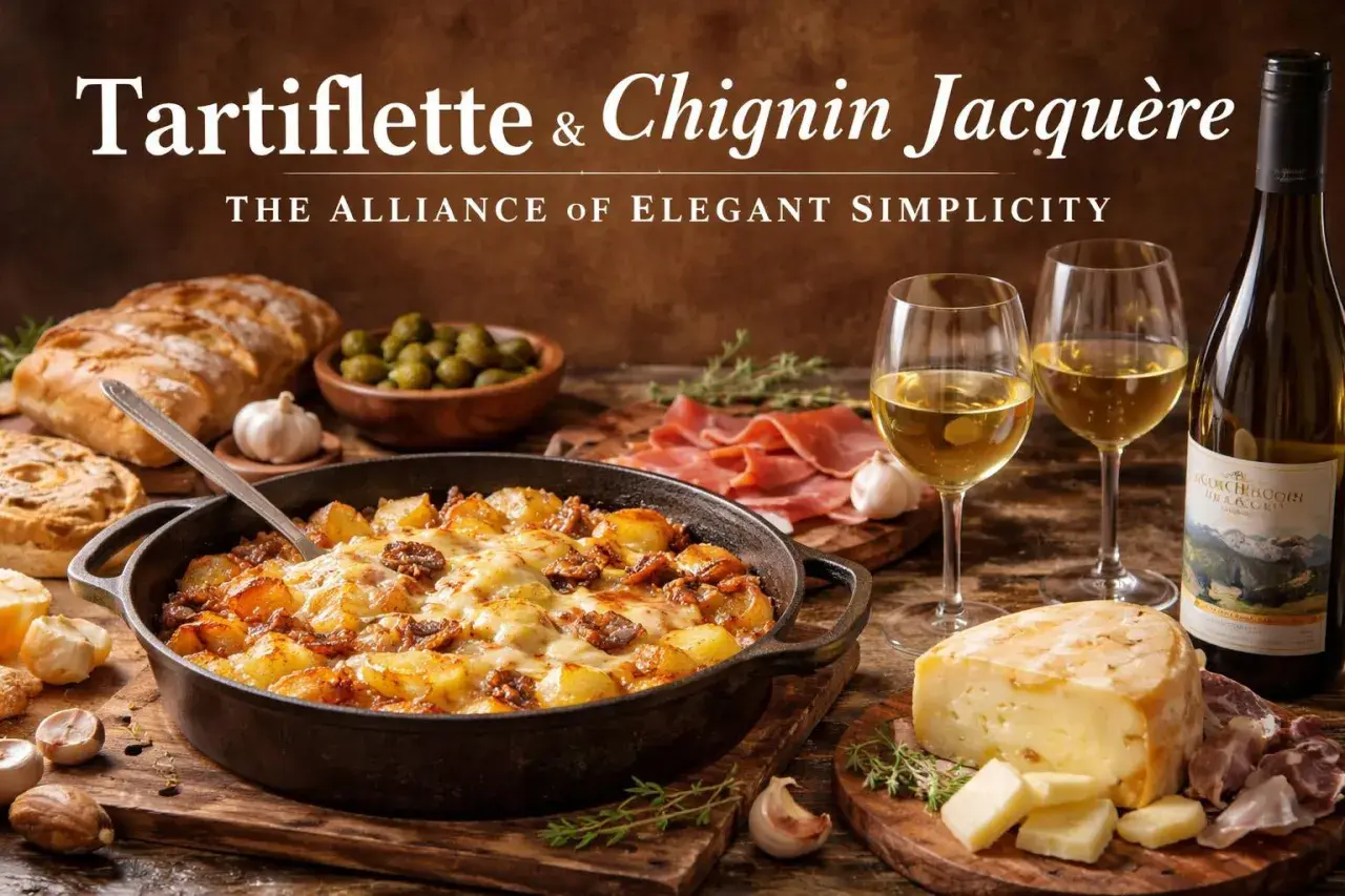 Tartiflette savoureuse, parfaite pour une recette gourmande. Accompagnée de charcuterie, fromage et vin blanc.